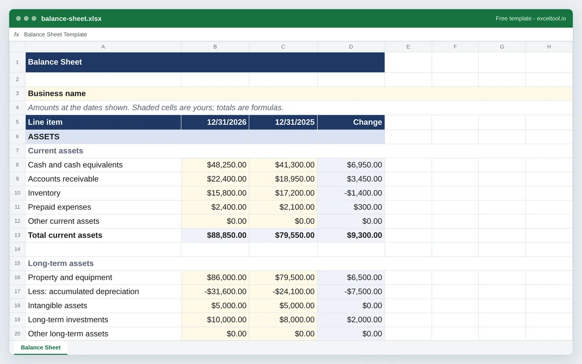 Balance sheet template in Excel with current and long-term assets, liabilities, owner's equity, totals and a balance check, comparing two year-end dates