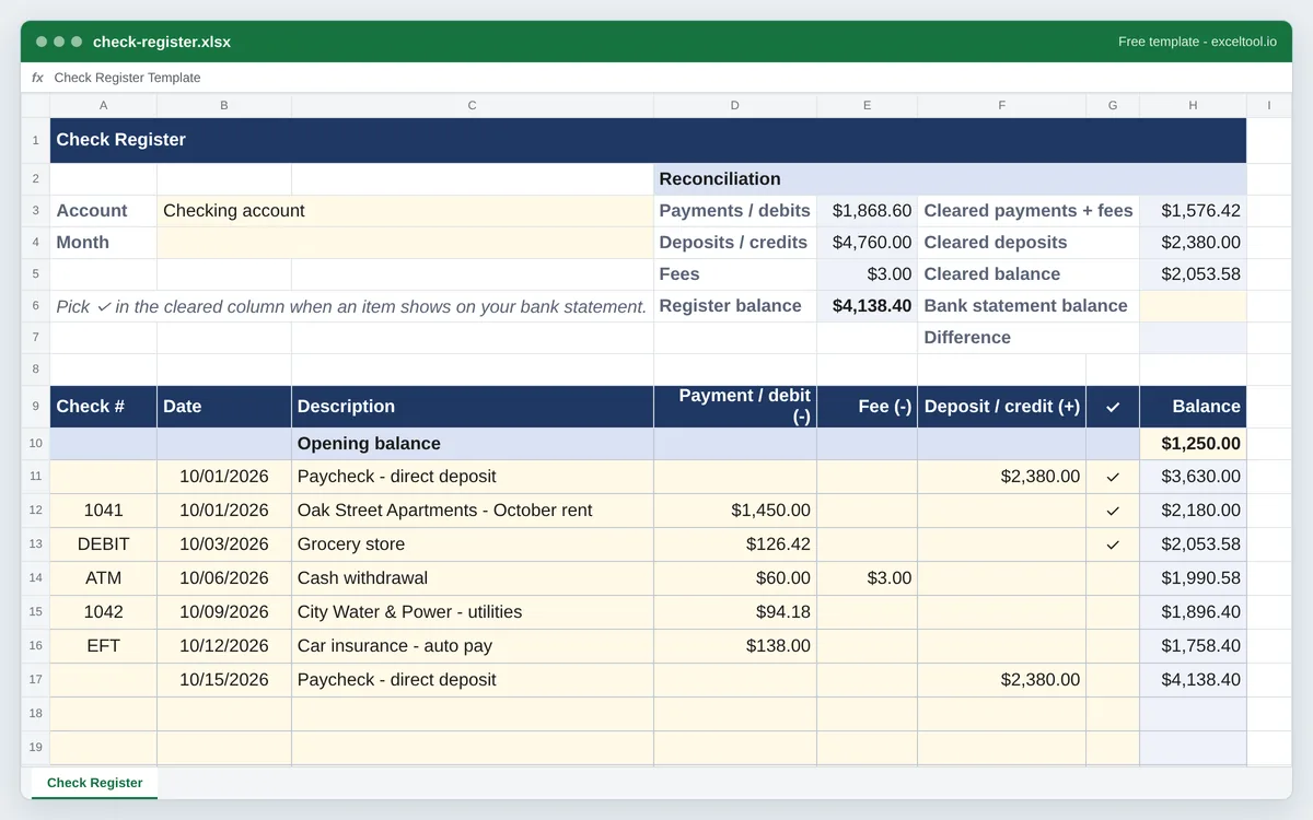 Check register template in Excel with check number, date, description, payment, fee, deposit, cleared and running balance columns
