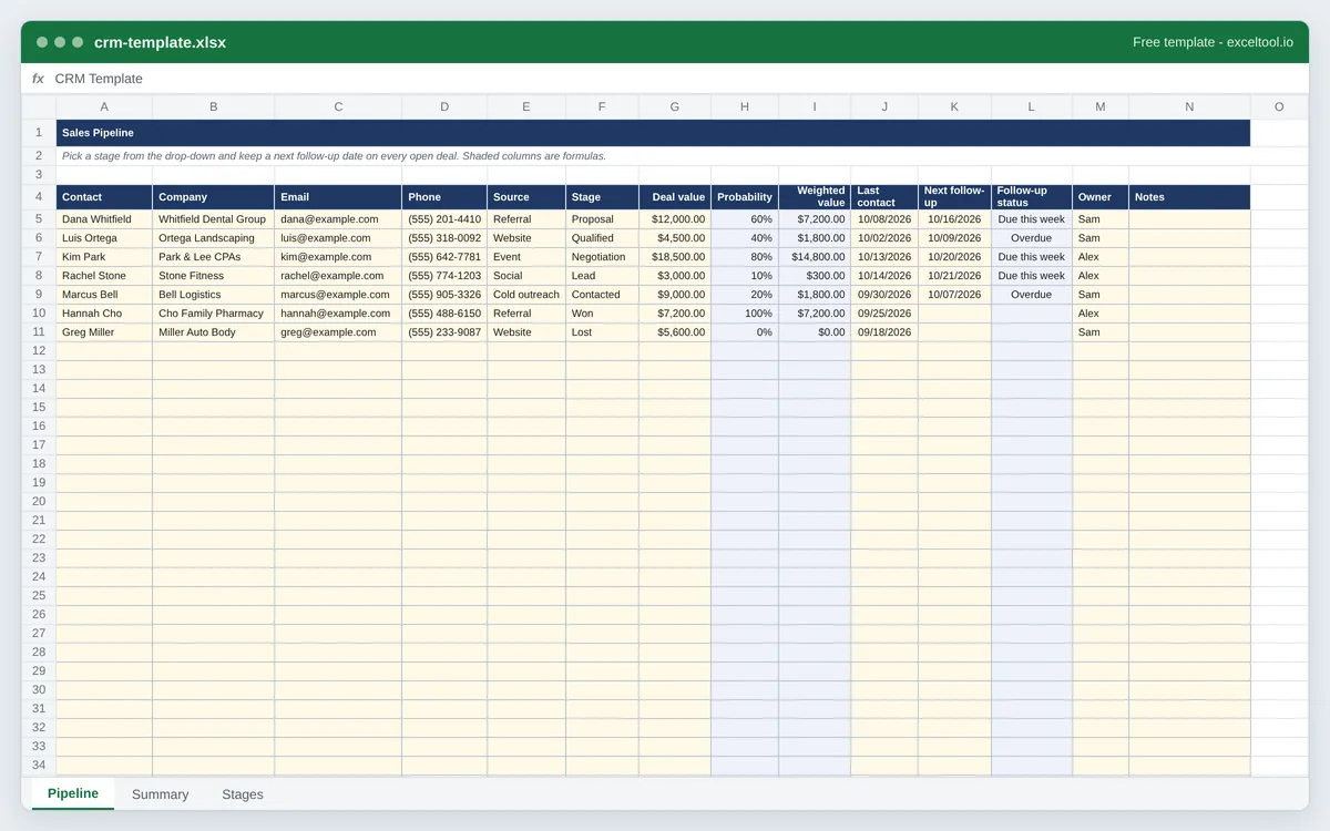 CRM template in Excel with contacts, companies, lead source, pipeline stage, deal value, probability, weighted value and next follow-up columns