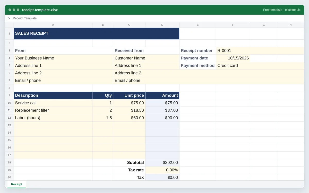 Receipt template in Excel with business and customer details, receipt number, payment method, line items, sales tax, total, amount paid and balance due