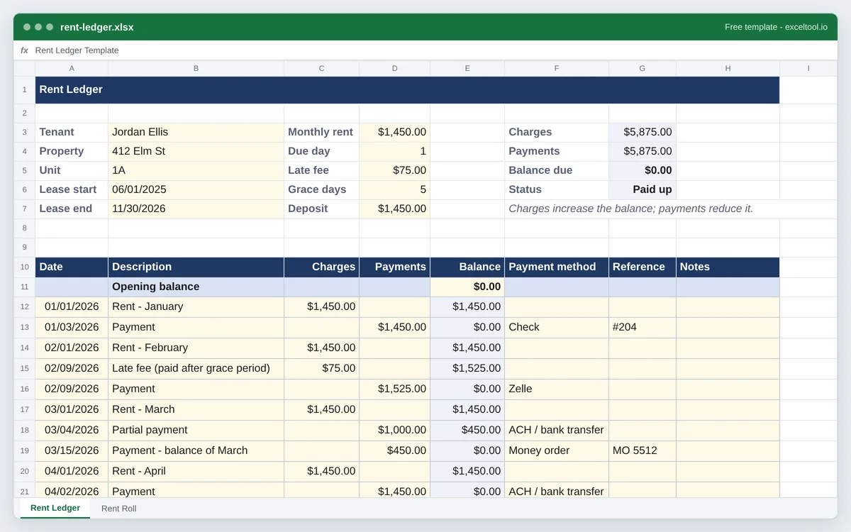 Rent ledger template in Excel with tenant lease terms, rent charges, payments, late fees, payment method and a running balance