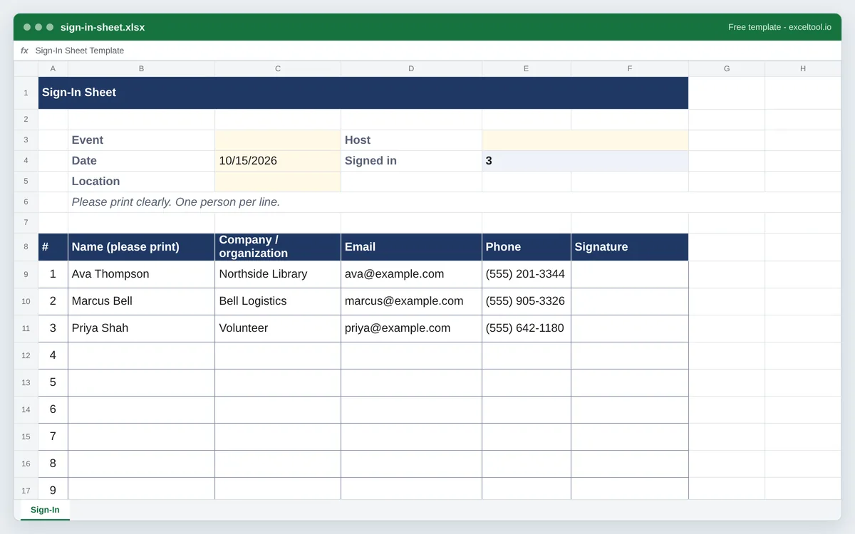 Printable sign-in sheet template with numbered lines for name, company, email, phone and signature, and event name, date and location